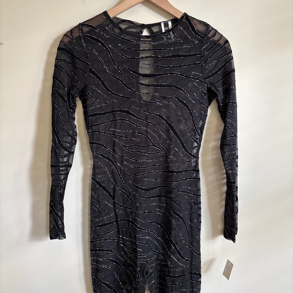 Uptown USA Black Glitter Zebra Mesh Jumpsuit Long Sleeve Sheer Catsuit M J6387